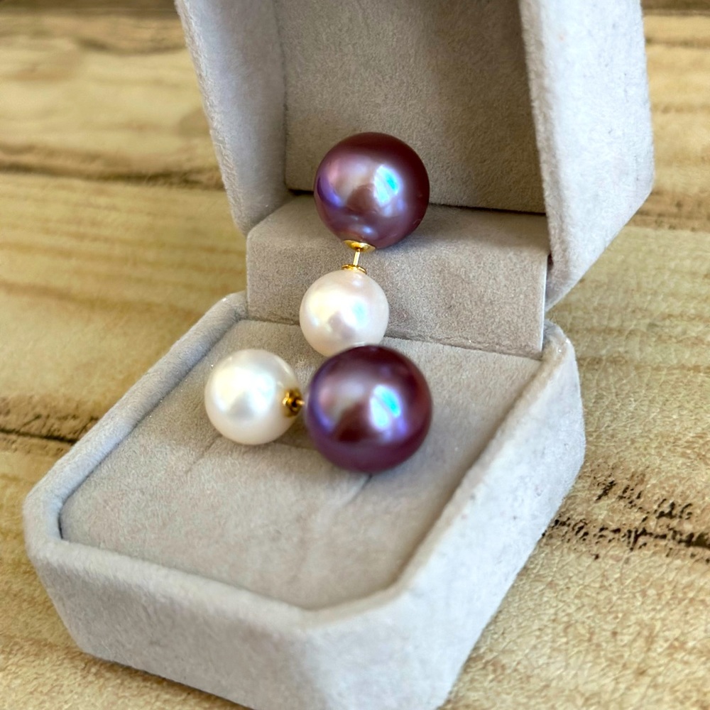 Genuine 18k Gold Purple Edison Double Pearl Studs Huge size